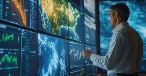 weather scientist analyzing severe climate events in an operations center using advanced display systems radar data and forecasting tools for disaster monitoring