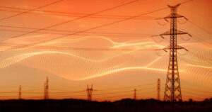 silhouette of high voltage electrical pole structure and cables. Waving hot air with data grid