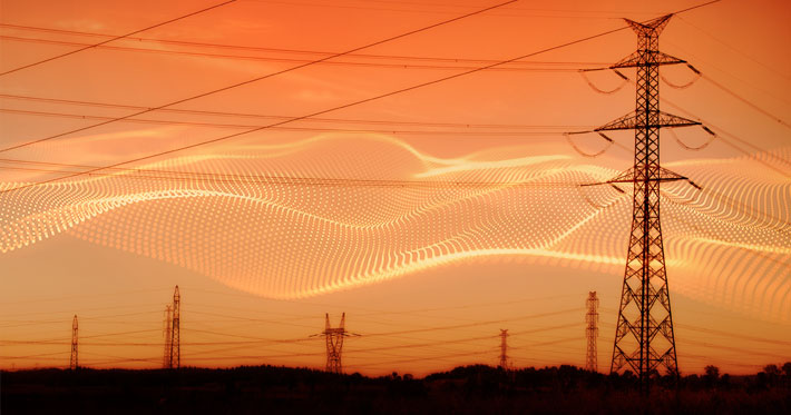 silhouette of high voltage electrical pole structure and cables. Waving hot air with data grid