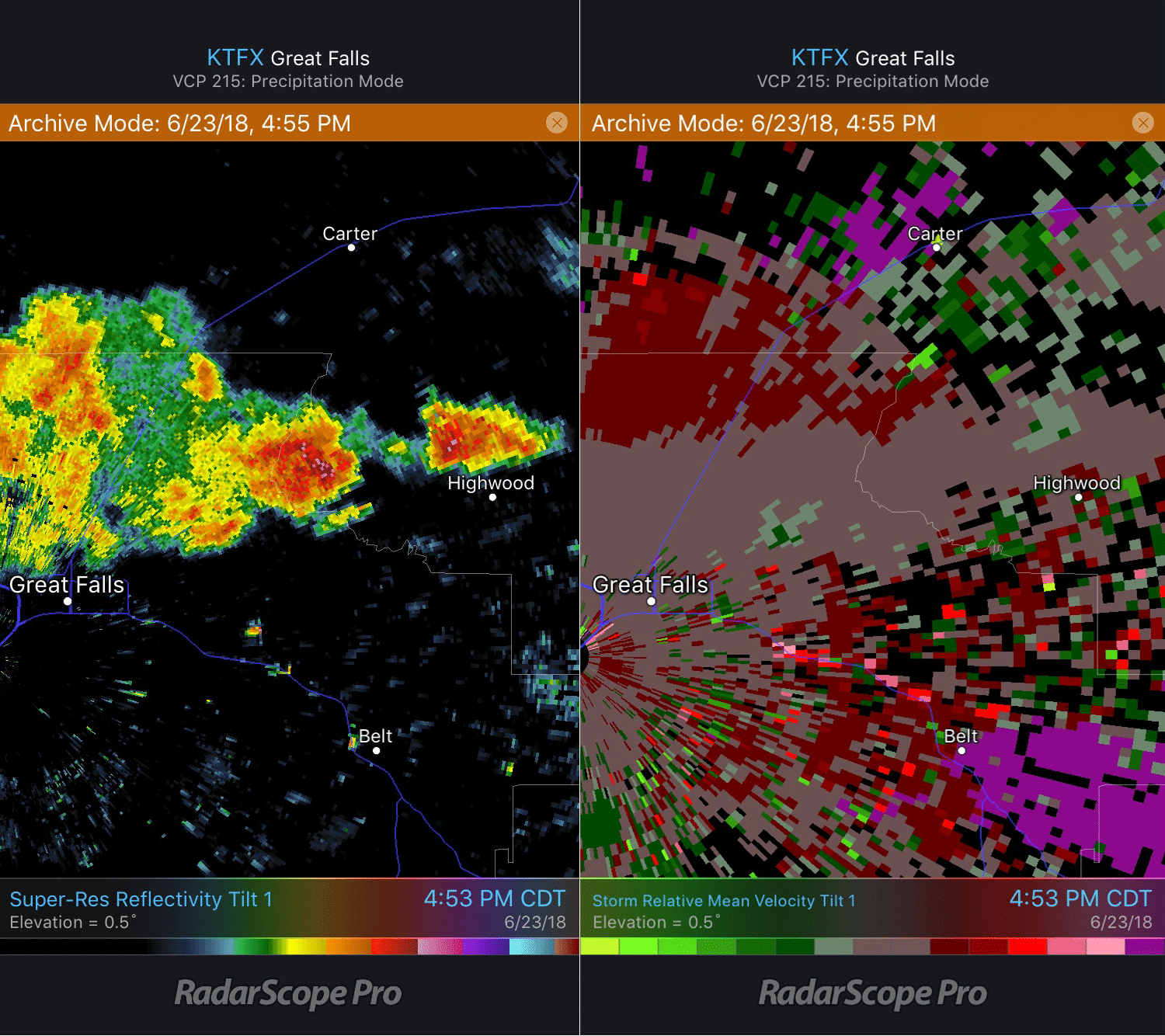 Montana Landspout Reflectivity and Velocity