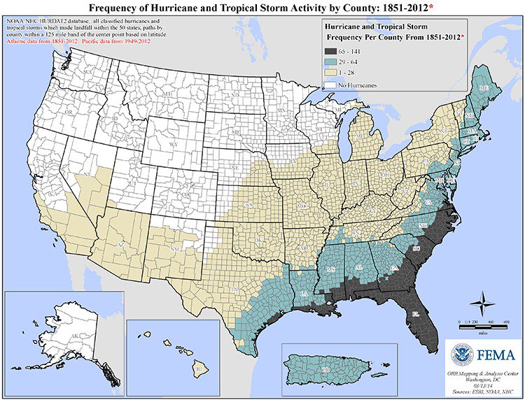 frequency of hurrican and tropical storm activity by county map 1851-20012