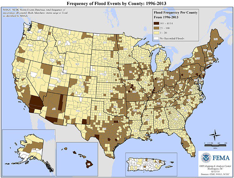 frequency of flood events by county 1996-2016 map