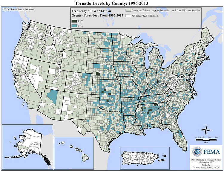 tornado levels by county map 1996-2013
