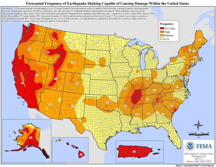 forecasted frequency of eathquake shaking capable of causing damage map