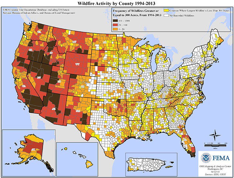 wildfire activity by county map 1994-2013