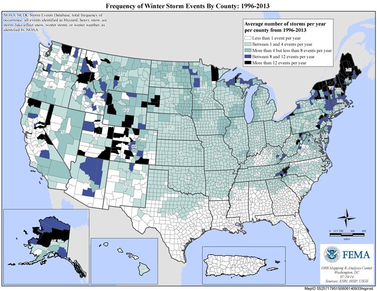 frequency of winter storm events by county map 1996-2016