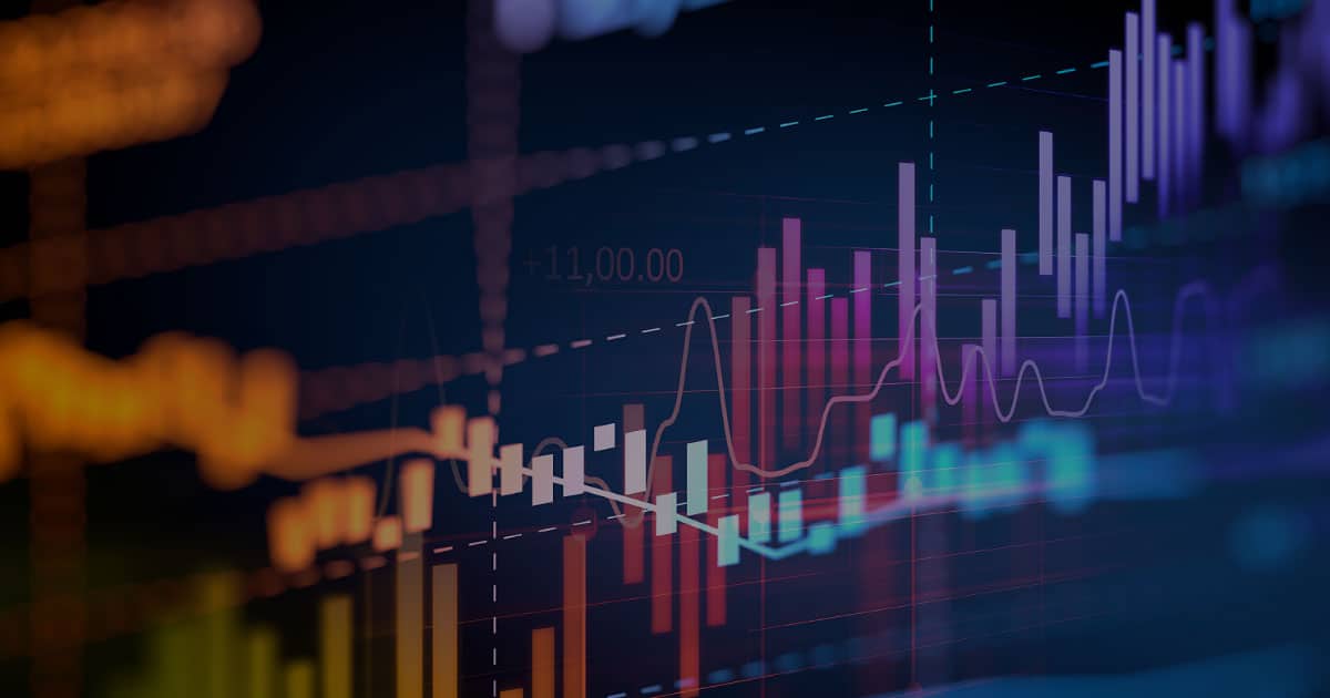 purple and orange candlestick charts angled