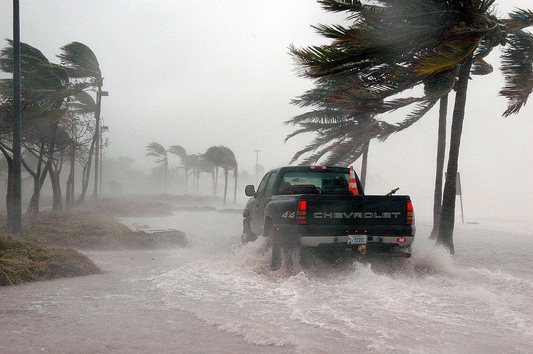 Chevy truck driving in hurricane