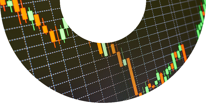 orange and green candlestick chart with dotted grid