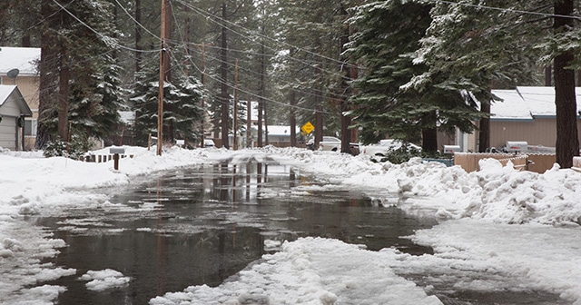 Flooded snow-covered street