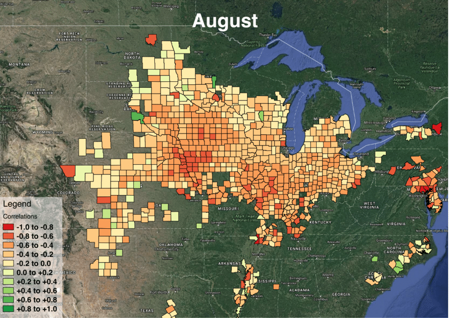 August corn yield & temperature