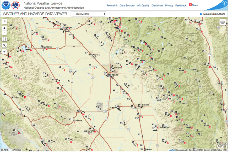 Surface weather stations near Fresno, CA