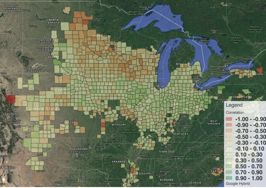 County by County Correlations between the first date on which the average daily soil temperature reached 50 F, and the final corn yield