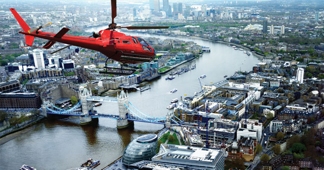 news release Helicopter Flying over Tower Bridge, London, UK