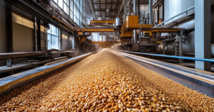 Wheat grains flowing on conveyor belt inside a large industrial facility