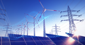 energy pylons, windmill and solar renewable energy sources at sunrise with data grid overlay
