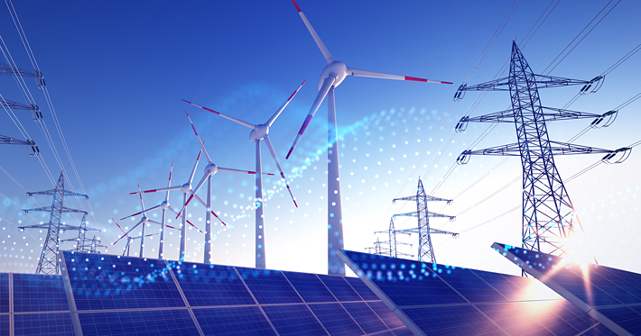 energy pylons, windmill and solar renewable energy sources at sunrise with data grid overlay