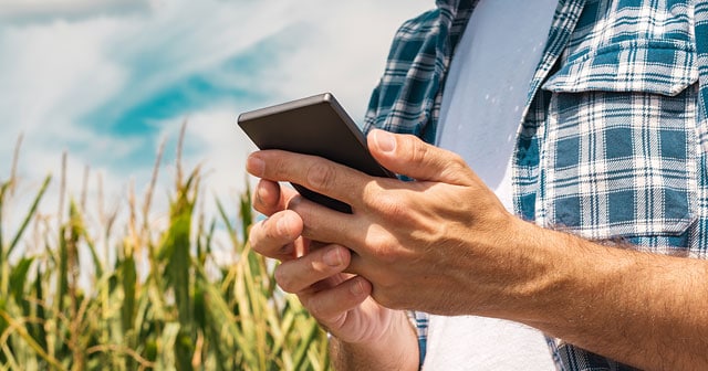 farmer hands holding mobile device in field plaid shirt