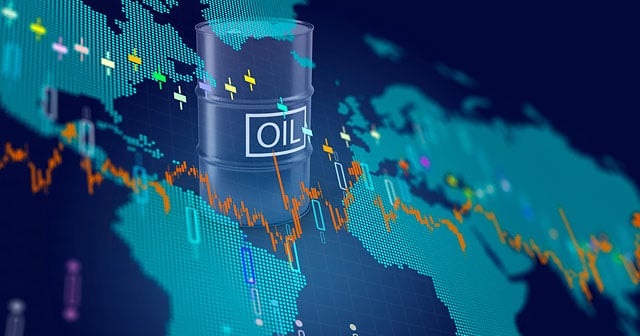 oil drum over blue digital world map candle stick stock chart