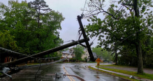 Downloaded transformer on a pole and a tree laying across power lines over a road