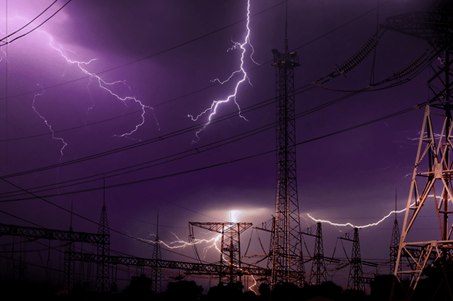 Lightning by power lines