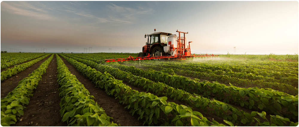 Tractor spraying soybean crops