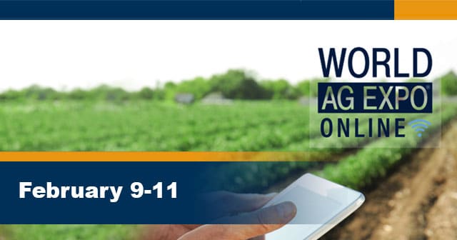 hand on mobile device in field world ag expo promo header