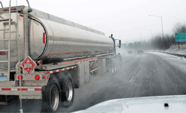 Tanker driving in the rain