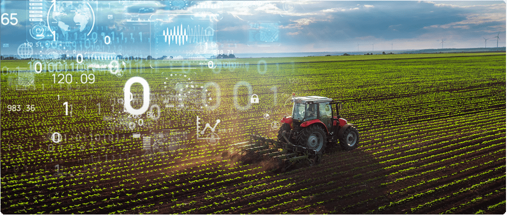 Tractor plowing field with data coming from behind