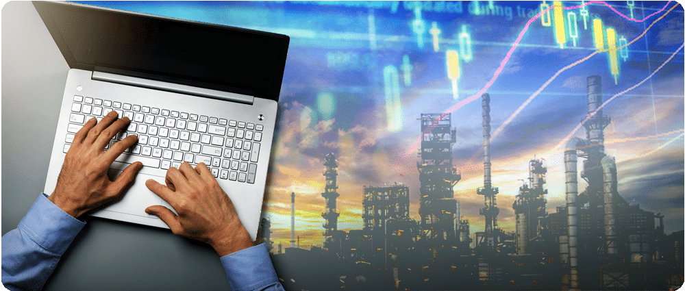 Hands on laptop with refinery and data