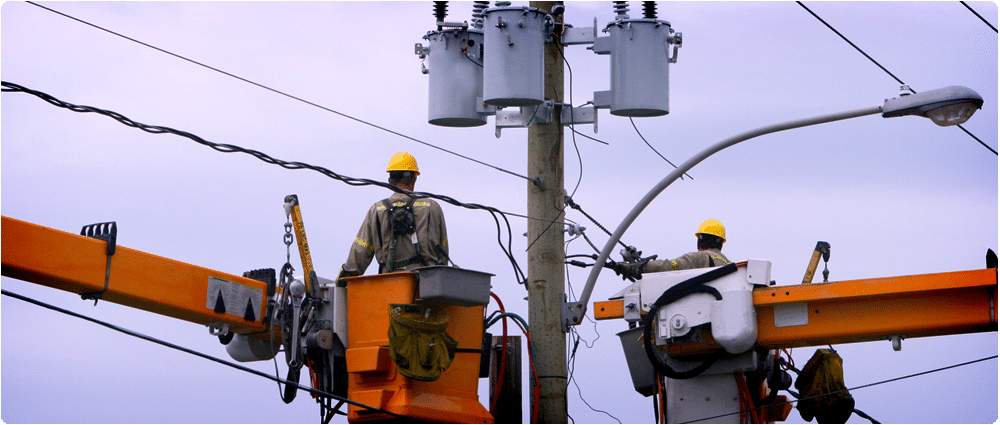 Utility workers repairing power lines