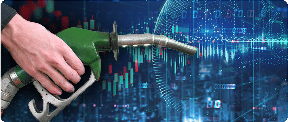 Fuel pump with world market data in background