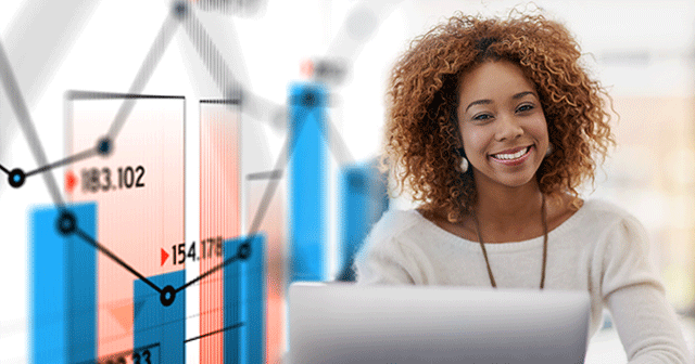 Blog header Woman on laptop with data graph background