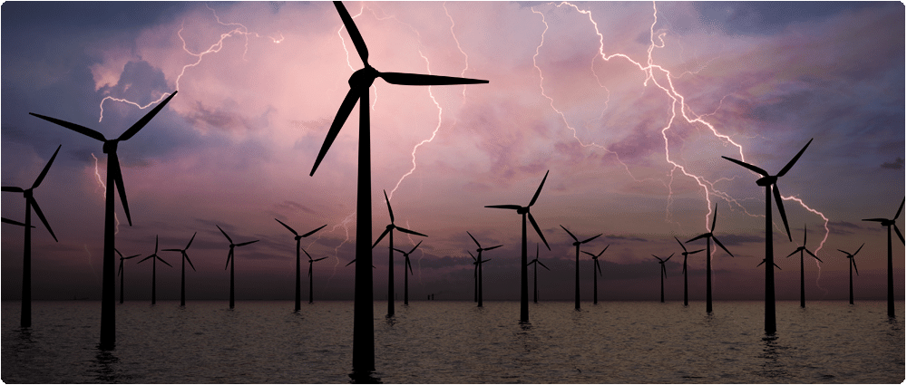 Wind farm with lightning in the distance