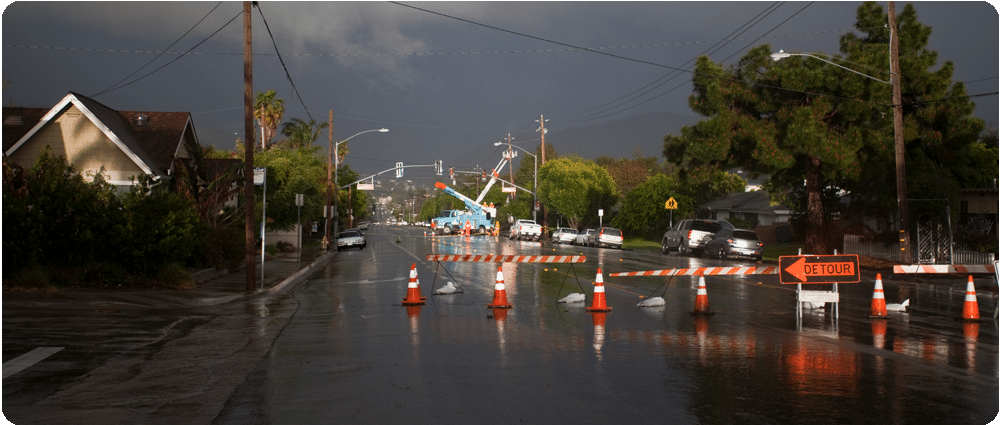 Utility workers on street after storm