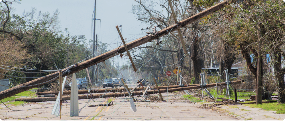 Fallen power pole after storm