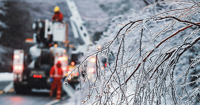 Blog header Utility workers with ice branch in foreground