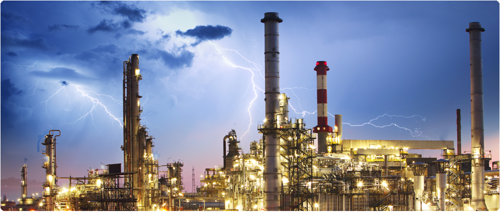 Refinery with lightning in the sky