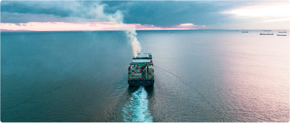 Container ship sailing with co2 emissions