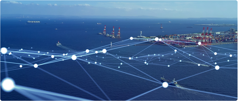 Ship in port with digital points