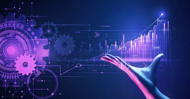 Hand holding market graph near gears