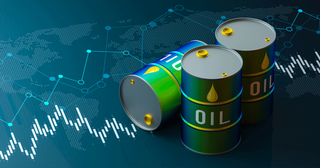 Oil barrels on market graph on world map