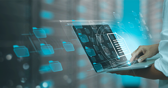 Hands on laptop with data