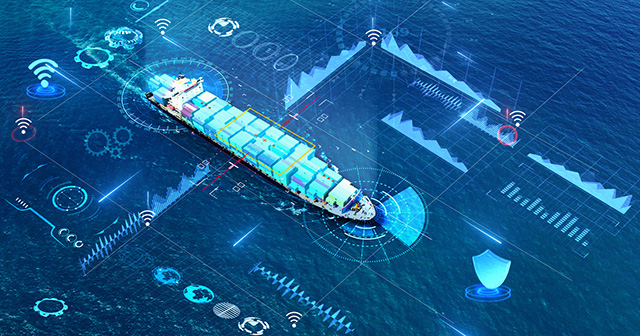 Container ship at sea with data overlay