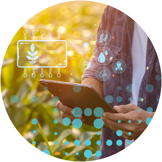 agribusiness api circle graphic farmer holding tablet in field