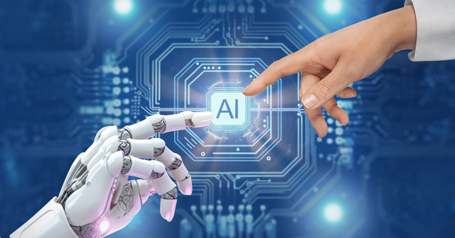 Robot and human hand touching AI