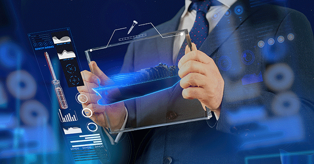 Businessman holding cargo ship data