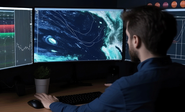 looking over meteorologists shoulder at computer screens with historical and hyperlocal weather parameters
