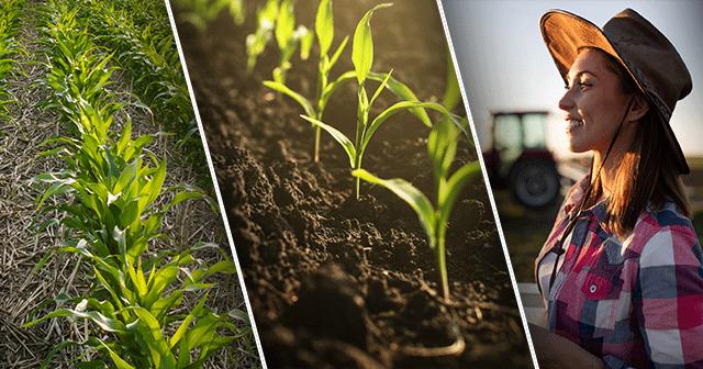 three agriculture images - corn, no till, young farmer