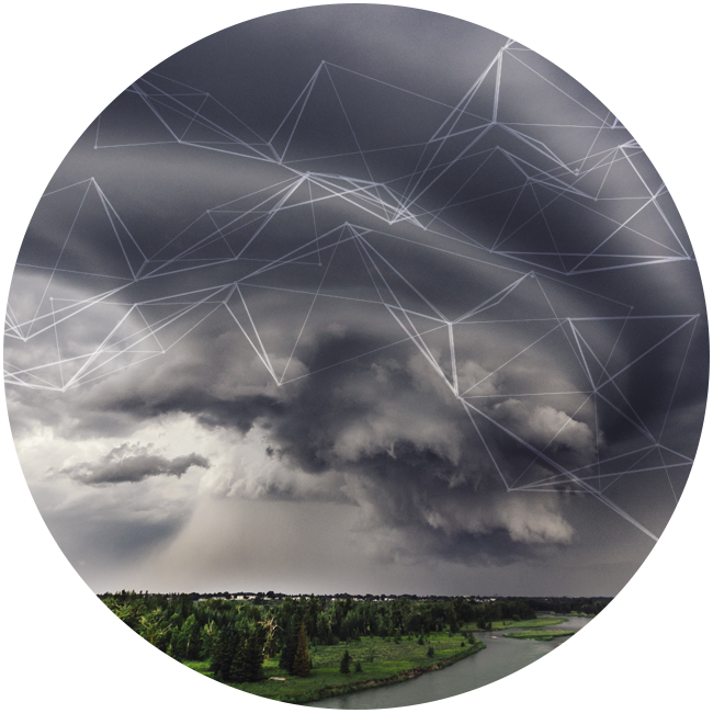 storm clouds over river and forest with white angular lines